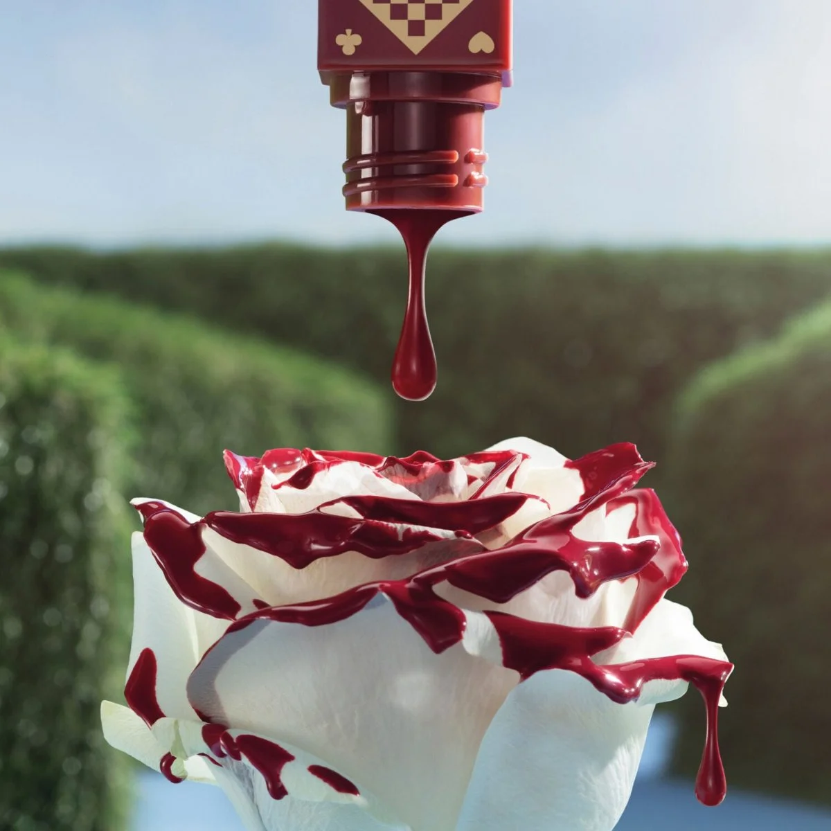 Gloss vermelho da cole&ccedil;&atilde;o Alice da Avon pingando sobre uma rosa branca, refer&ecirc;ncia &agrave; Rainha de Copas