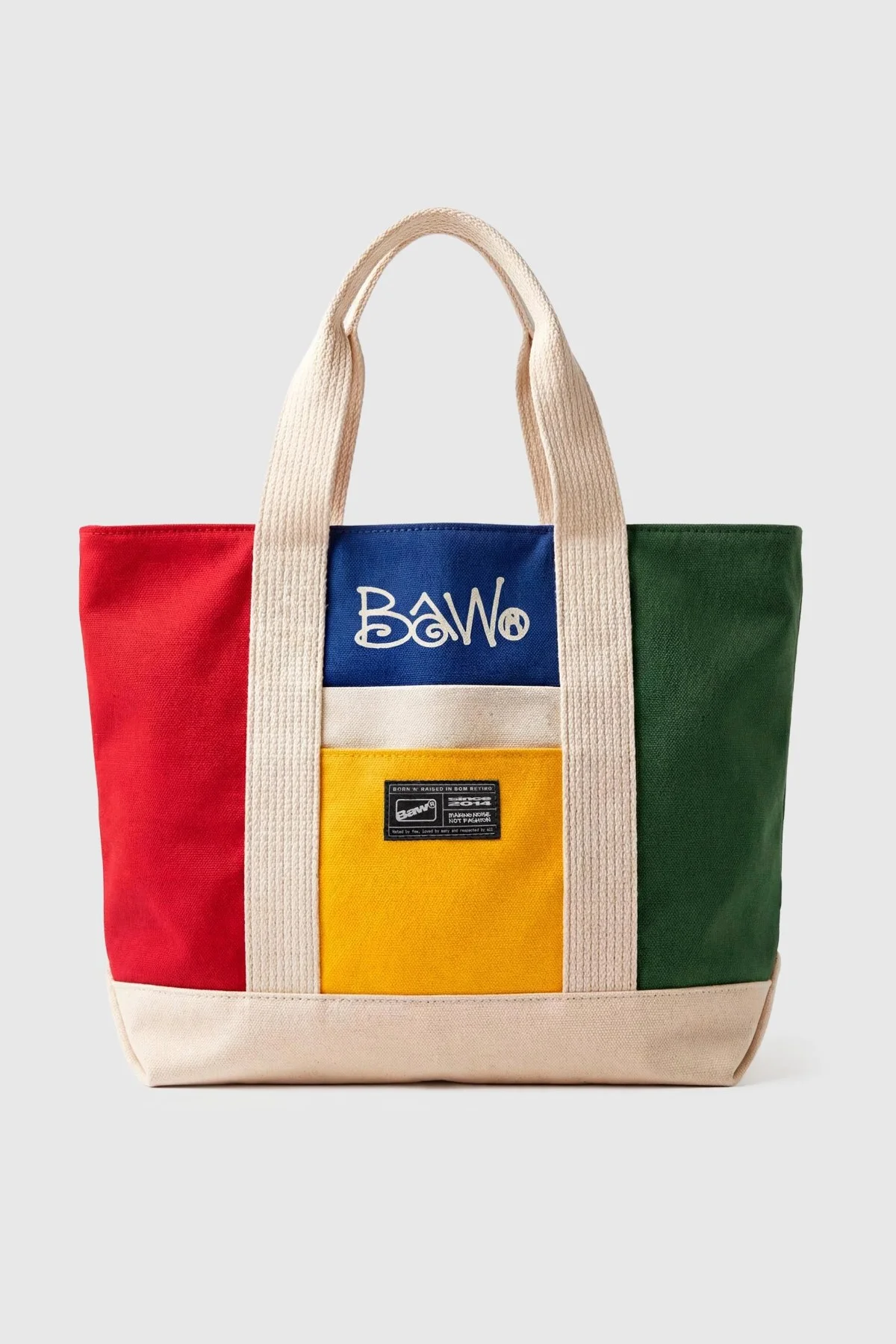 Tote bag M Colorblock da BAW em lona crua com pain&eacute;is vermelho, azul, amarelo e verde