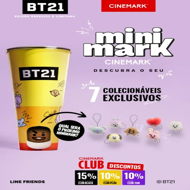 Copo Minimark BT21 da Cinemark com os chaveirinhos colecion&aacute;veis dos personagens BT21