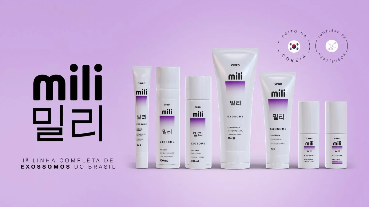 Produtos da Mili, linha de skincare coreano da Cimed, em fundo lil&aacute;s