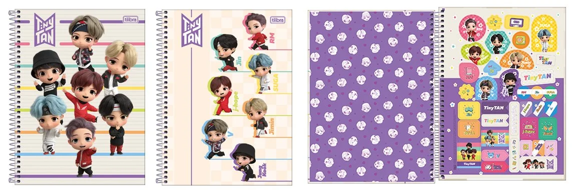 Cadernos da cole&ccedil;&atilde;o TinyTAN da Tilibra com os personagens inspirados nos integrantes do BTS