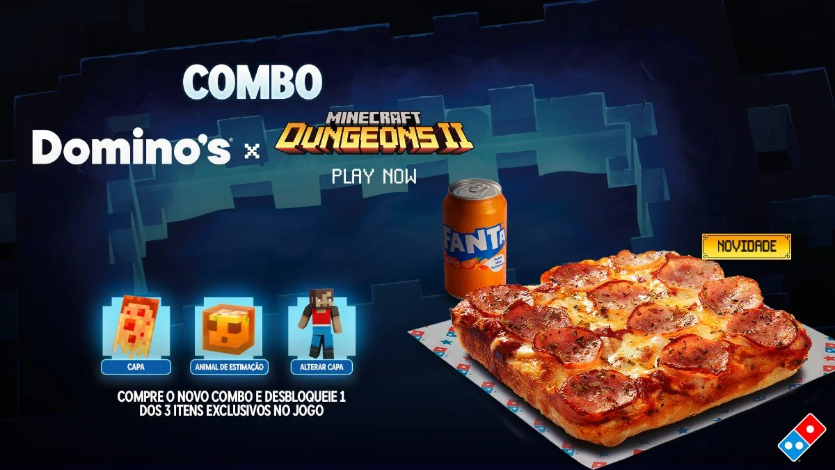 Combo Domino's x Minecraft Dungeons II com pizza quadrada, refrigerante e os tr&ecirc;s itens exclusivos do jogo