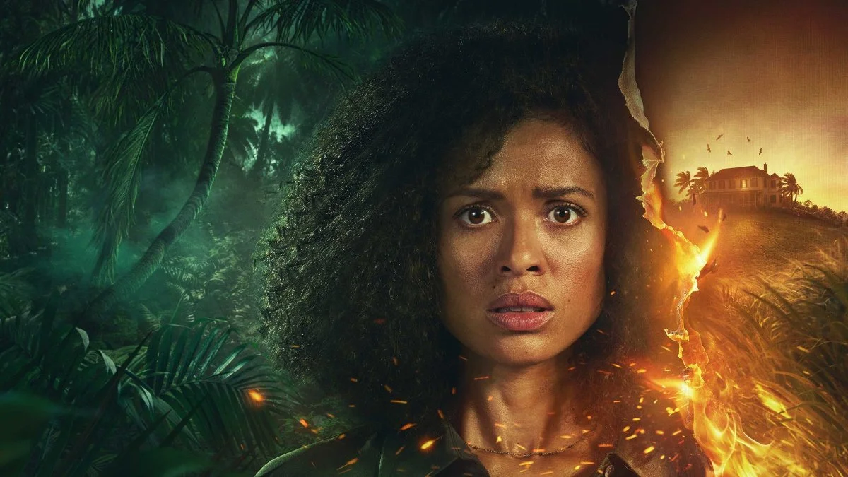 Gugu Mbatha-Raw assustada em meio &agrave; floresta e ao fogo na arte de A Heran&ccedil;a de Hope Hill, s&eacute;rie que estreia na HBO Max