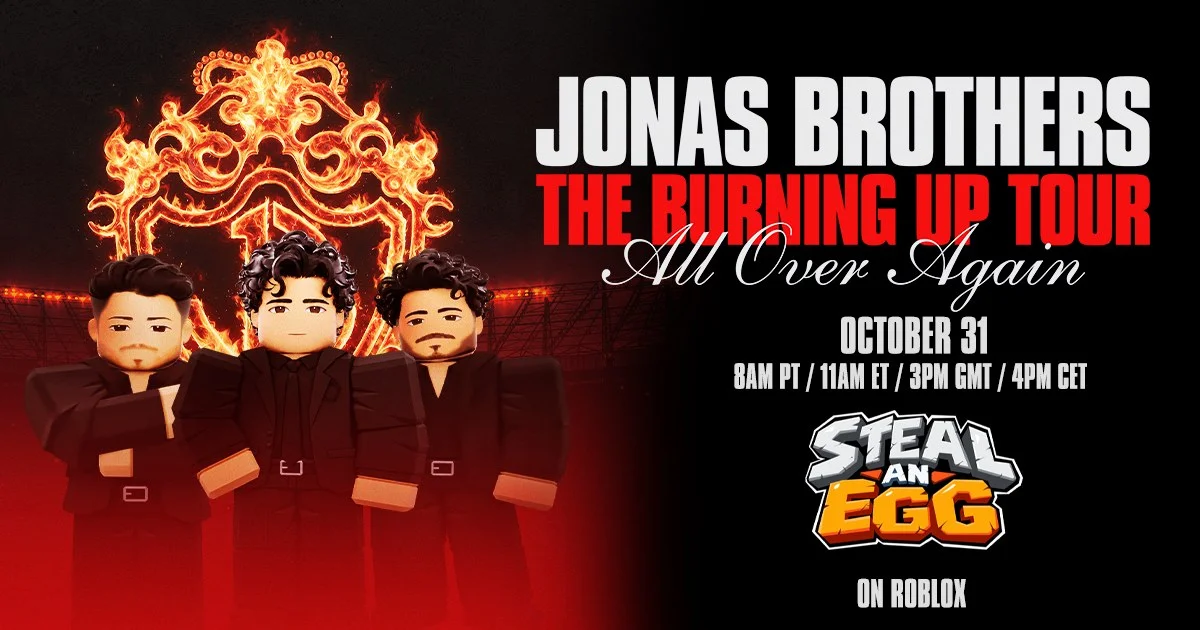 Pôster do show dos Jonas Brothers no Steal an Egg, na Roblox, em 31 de outubro