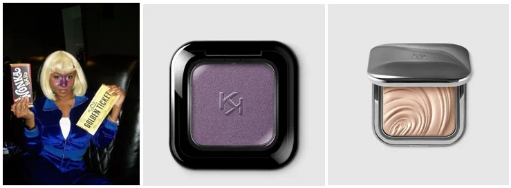 Look de Violet de A Fantástica Fábrica de Chocolate com sombra e iluminador da KIKO Milano