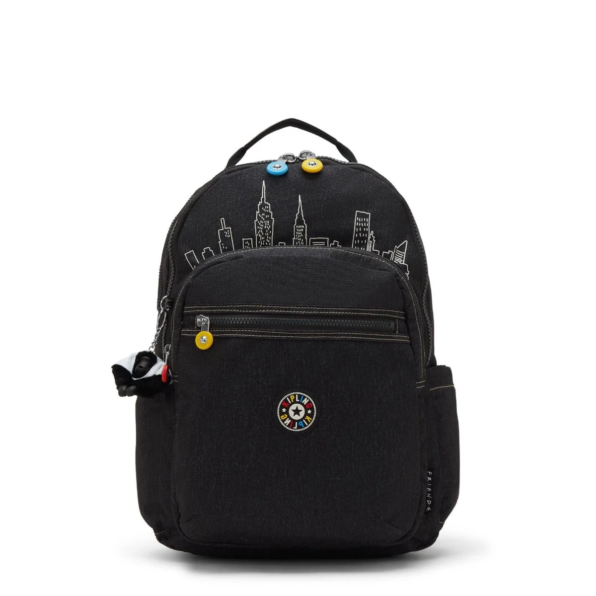 Mochila Seoul Lap Kipling x Friends preta com skyline de Nova York