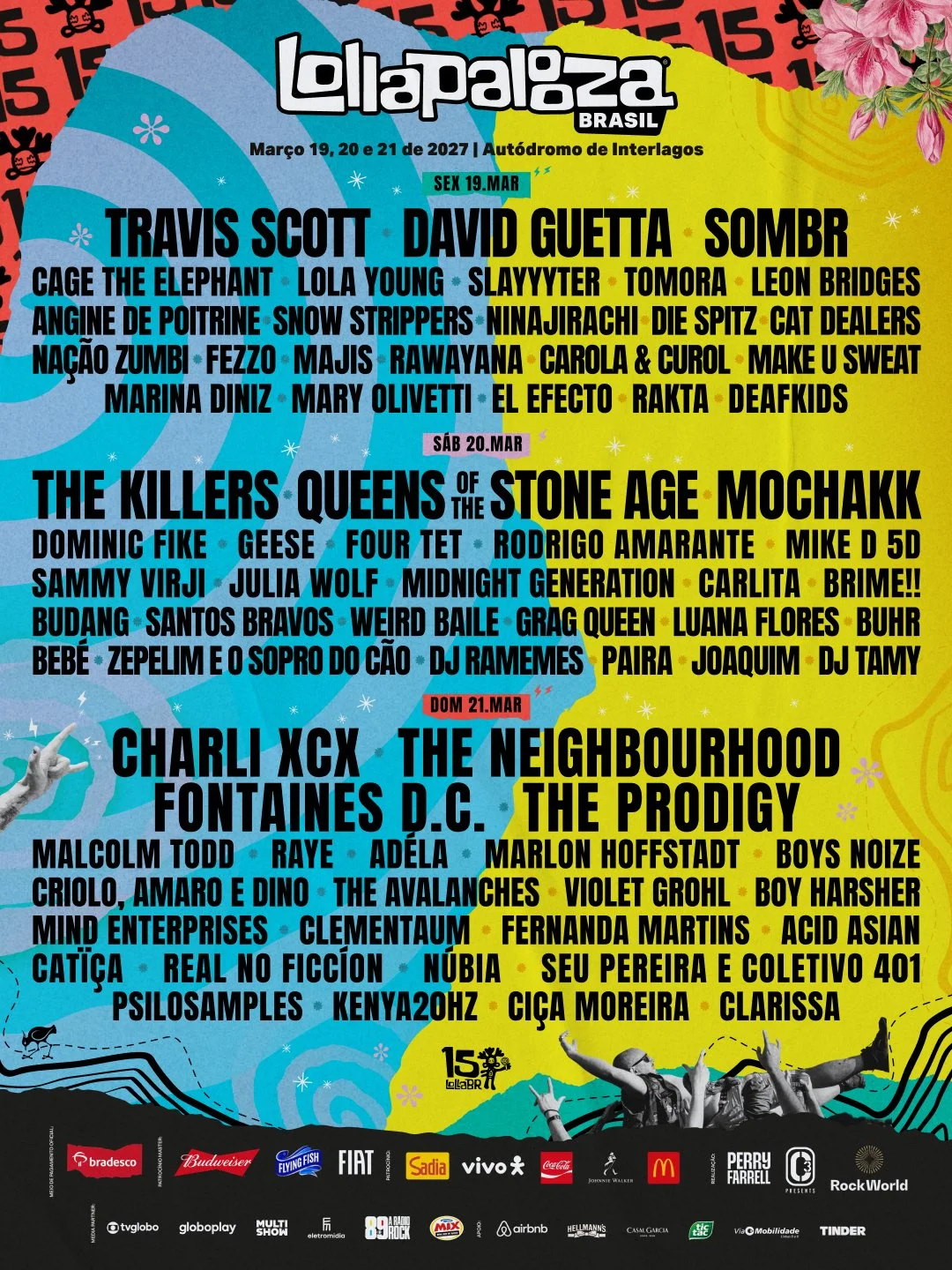 Cartaz do Lollapalooza Brasil 2027 com o line-up dividido por dia