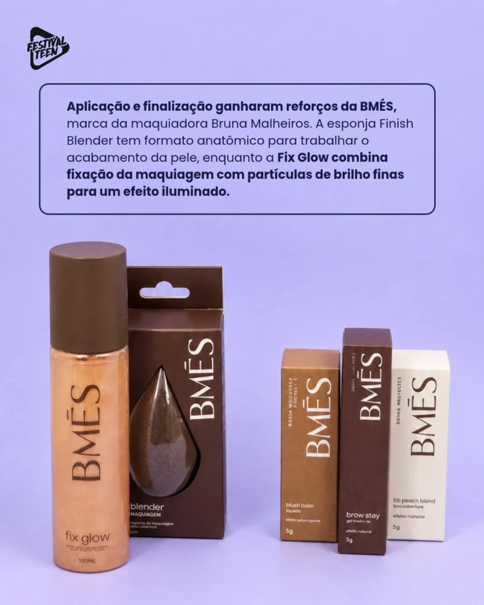 Produtos BM&Eacute;S: Fix Glow, Finish Blender, Blush Balm, Brow Stay e BB Peach Blond