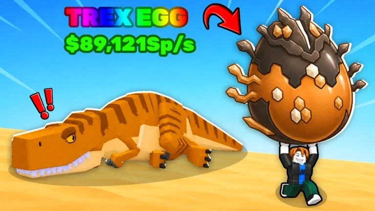 Tela do jogo Steal an Egg na Roblox com avatar carregando um ovo gigante ao lado de um T-Rex