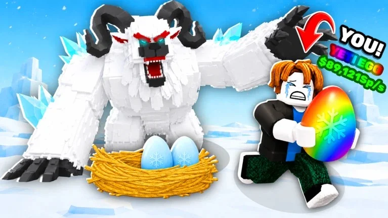Avatar fugindo com um ovo arco-íris de um yeti no jogo Steal an Egg, da Roblox